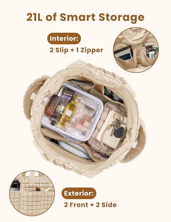 Yarnic Large Puffer Tote Bag for Women, Lightweight 21L Bag with 7 Pockets for School, Travel, Work, Gym Overnight Use