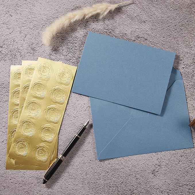 50 Pack Dusty Blue A7 Envelopes with Cards 5x7 Thick Folded Cardstock and Gold Stickers for Greeting Cards, Wedding, Birthday, Invitations, Baby Showers (Dusty Blue, 5x7)