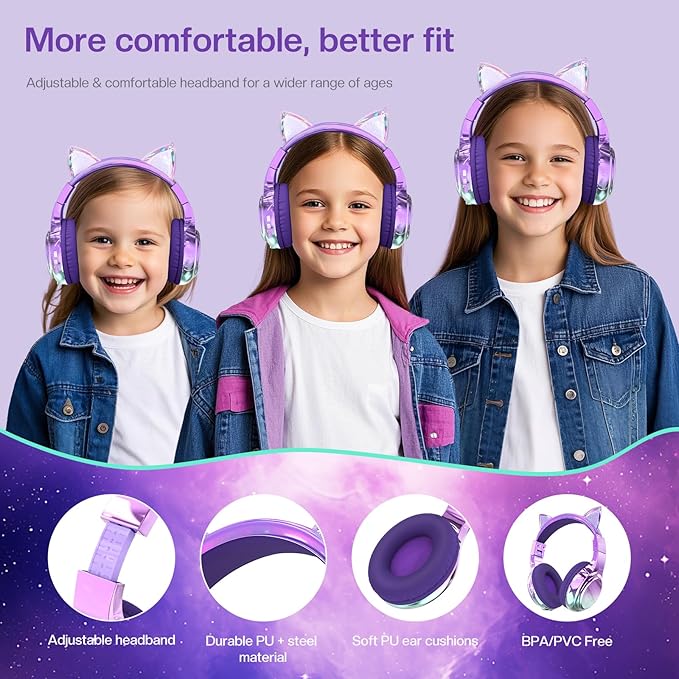 QearFun Kids Cat Ear Bluetooth Headphones, 60H Playtime, 74/85/94dB Safe Volume Limit, Metallic Gradient Wireless Headset with Mic, Fast Charging, Foldable, Wired Mode for Girls School/Tablet/Travel