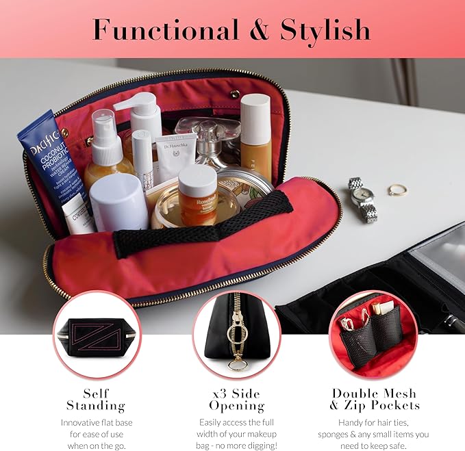 KUSSHI Washable Travel Makeup & Cosmetic Bag - Brush Organizer Sold Separately (Signature, Satin Black/Red)