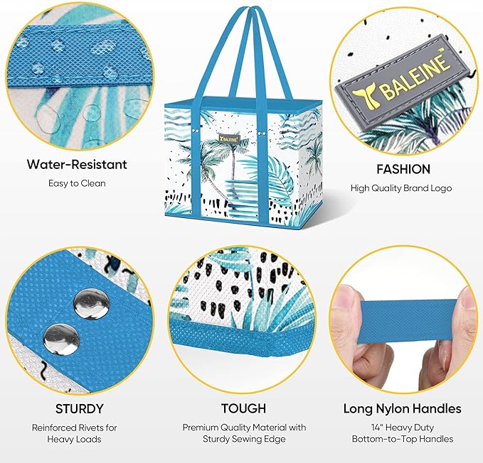 BALEINE 3Pk Reusable Grocery Bags, Foldable Shopping Bags for Groceries with Reinforced Bottom & Handles (Island Breeze)