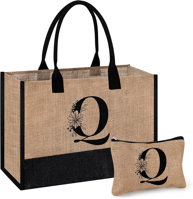 AYGE Personalized Initial Jute Tote Bag & Makeup Bag, Beach Bag, Monogrammed Birthday Gifts for Women Sister Mom Bridesmaid