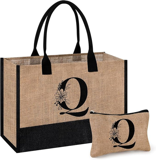 AYGE Personalized Initial Jute Tote Bag & Makeup Bag, Beach Bag, Monogrammed Birthday Gifts for Women Sister Mom Bridesmaid