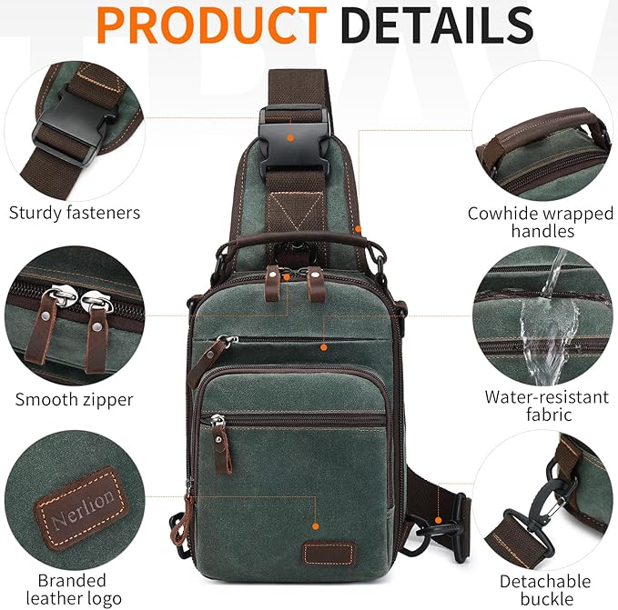 Nerlion Sling Bag for Men Waxed Canvas Crossbody Bag Chest Bag Water Resistant Shoulder Bag Casual Daypack