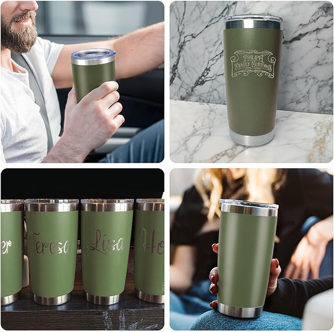OMTech 20oz Tumblers Bulk, 6pc Stainless Steel Tumbler Set with Lid & Straw, Double Wall Vacuum Insulated Mug for Laser Engraver, Travel Coffee Mug for Hot & Cold Drinks, Army Green Powder Coated Cup