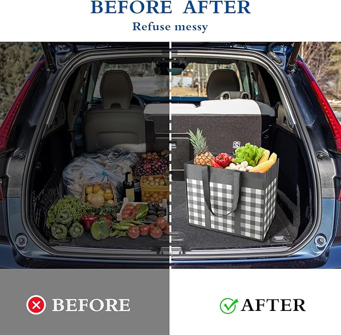 WISELIFE Reusable Grocery Shopping Bags 10 Pack Large Foldable Tote Bags Bulk, Long Handle for Shopping Groceries Clothes (Plaid A)