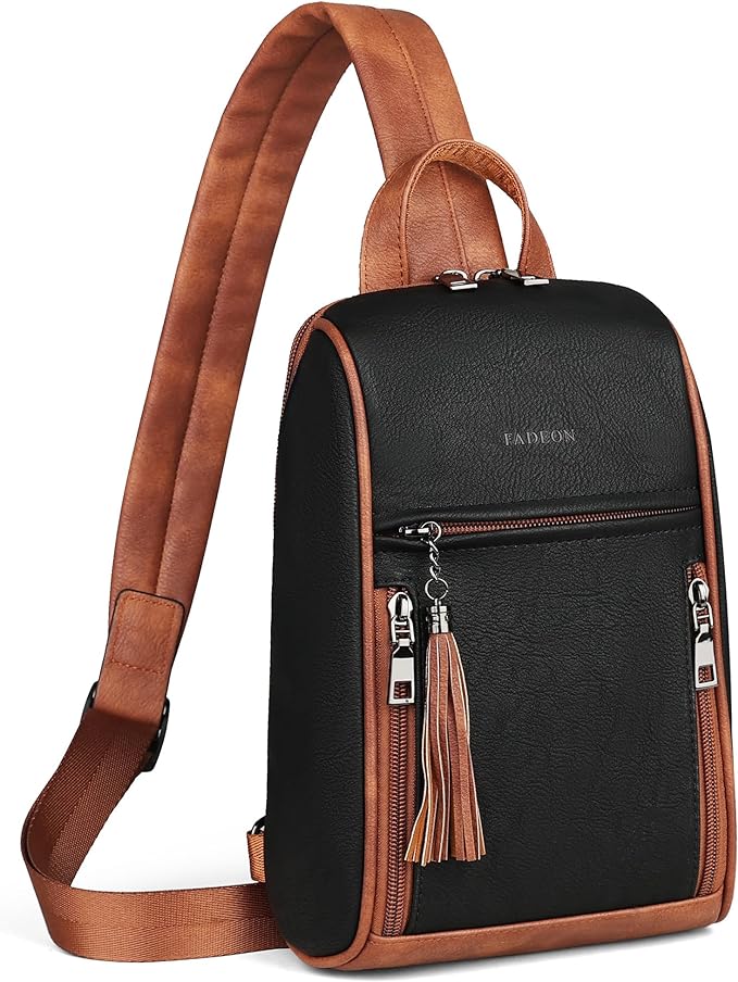 FADEON Sling Bag for Women, Crossbody Purse with Tassels, Designer Leather Shoulder Chest Bags for Travel