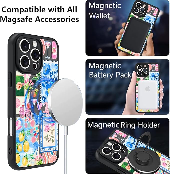 KANGHAR Case for iPhone 16 Pro [Compatible with Magsafe] Cute Flower Floral Fruit Bows Turtle Collage Summer Pattern Protective Magnetic Case for Girls Women 6.3"