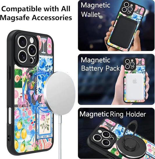 KANGHAR Case for iPhone 16 Pro [Compatible with Magsafe] Cute Flower Floral Fruit Bows Turtle Collage Summer Pattern Protective Magnetic Case for Girls Women 6.3"