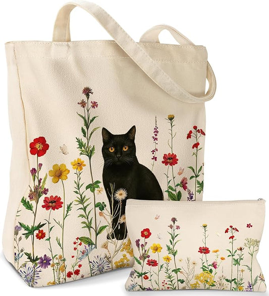 2 Pack Canvas Tote Bag - with Makeup Pouch Aesthetic Cute Women Reusable Canvas Bag for Shopping, Work, Travel