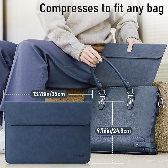 Allinside 13 Inch Laptop Sleeve Case for MacBook Air 13 2018-2025/MacBook Pro 13 2016-2022/Macbook Pro 14 2021-2024, Waterproof PU Leather Horizontal Envelope Protective Case Cover, Navy Blue