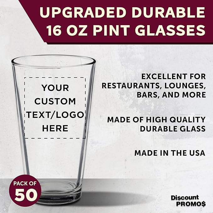 Custom Arc Pint Glass 16 oz. Set of 50, Personalized Bulk Pack - Beer Glasses, Heavy Duty Drinkware - Clear