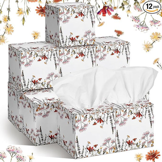 12 Pack Fall Wildflowers Facial Tissues Cube Boxes 600 Sheets 3 Ply Autumn Small Floral Flower Square Face Tissues Bulk for Thanksgiving Day Car Bedroom Party Supplies