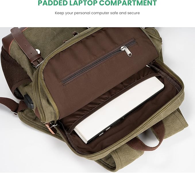 Modoker Vintage Backpack for Men Women, Canvas Bookpack Fits Most 15.6 Inches Computer and Tablets, Rucksack Backpack with USB Charging Port, Army Green