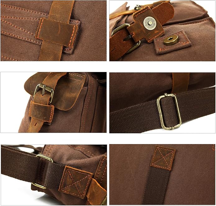 Sechunk Vintage Military Leather Canvas Laptop Bag Messenger Bags Medium