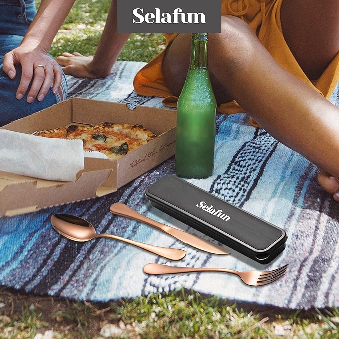 4-pieces Travel Set with Case Portable Silverware Utensils Set for work, Stainless Steel Reusable Flatware Set Cutlery Set for Camping Picnic Hiking Office (8inch, Rose Gold)