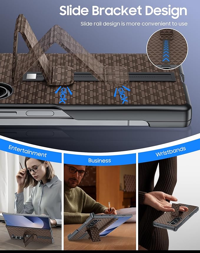 for Samsung Galaxy Z Fold 6 Case with Hand Strap & Kickstand & Hinge Protection, Ultra Slim Skin Feel Pattern Printing Full Body Shockproof Phone Case for Z Fold 6, No Screen Protector (Brown)