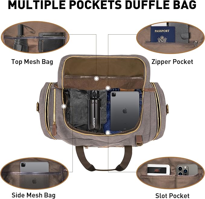 60L Travel Bags for Men, Nomad Canvas Duffle Bag Vintage Genuine Leather Travel Duffel Bag Multifunctional Weekender Overnight Backpack with Shoes Compartment (Grey, X Large-60L)