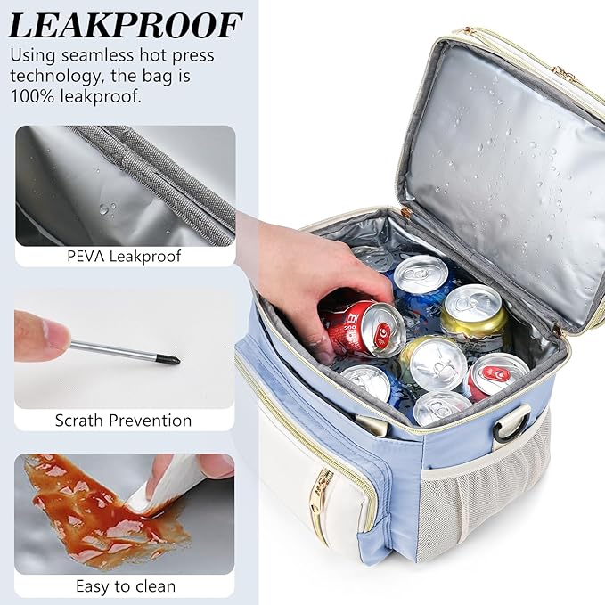 LOKASS Lunch Box for Women, 16L, Double Deck Expandable Insulated Lunch box For Adults/Women Thermal Large Waterproof Leakproof Cooler Bag with Shoulder Strap - Sky Blue
