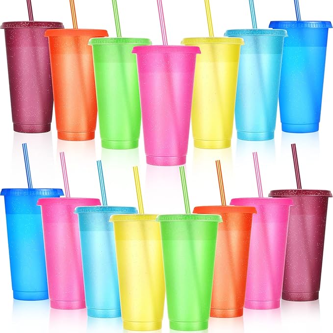 Honeydak 15 Pack Tumbler with Straw and Lid Bulk Glitter Plastic Cups Water Bottle Iced Coffee Travel Mug Reusable Party Favor Cups for Birthdays travel 24-27 oz (Cute Colors)