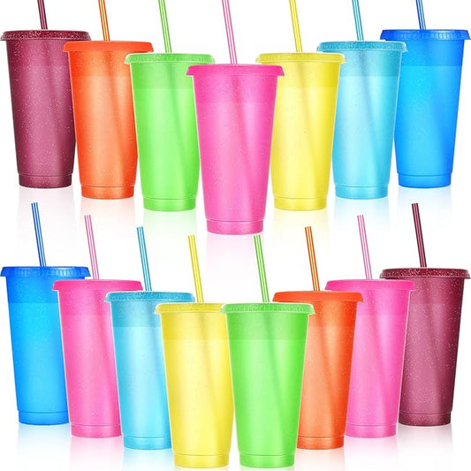 Honeydak 15 Pack Tumbler with Straw and Lid Bulk Glitter Plastic Cups Water Bottle Iced Coffee Travel Mug Reusable Party Favor Cups for Birthdays travel 24-27 oz (Cute Colors)