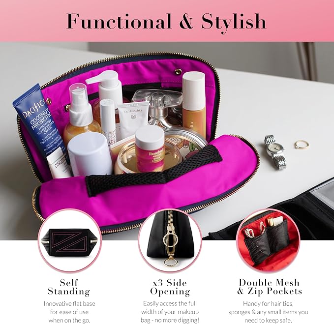 KUSSHI Washable Travel Makeup & Cosmetic Bag - Brush Organizer Sold Separately (Signature, Satin Black/Pink)