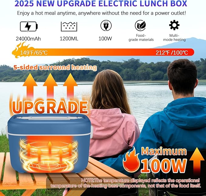 Cordless Electric Lunch Box,24000mAh Battery Powered Self Heating Lunch Box,1.2L Portable Food Warmer With Removable Divider,Insulated Bag & Utensils,For Office & Outdoor Use