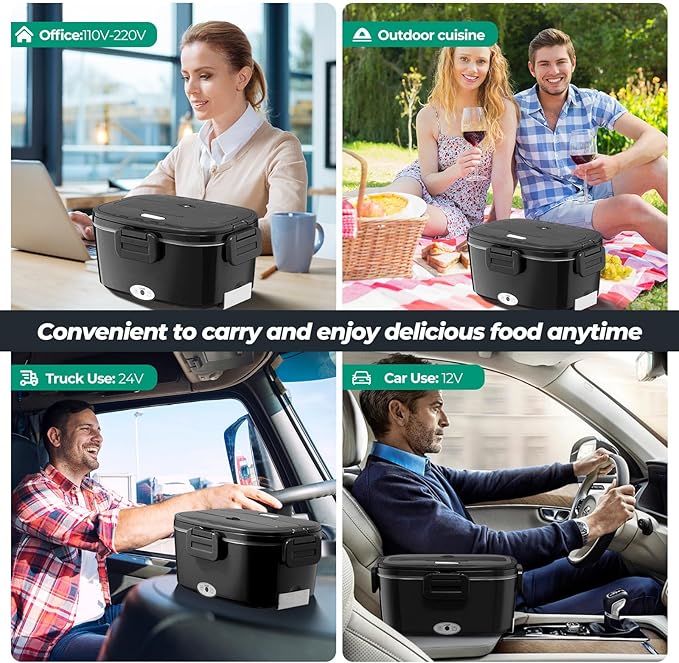 Electric Lunch Box For Adults, 80W Heated Lunch Box 1.5L Stainless Steel Heatable Lunchbox For Men, 12V/24V/110V Portable Food Warmer For Car Truck Work，Electric heating lunch box