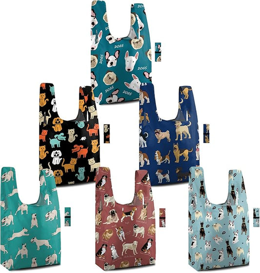 BeeGreen Reusable Grocery Bags 6 Pack - Foldable, Heavy Duty Shopping Tote Bags with Zipper Pouch, Large Capacity (50+ Lbs), Animal Prints Designs for Women & Men, Machine Washable
