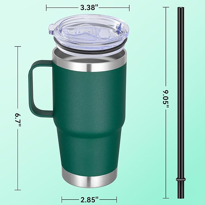 20 oz Stainless Steel Tumbler with Handle Metal Insulated Coffee Travel Mug with Handle Double Wall Tumbler Cup with Lid and Straw, Dark Green 1 Pack