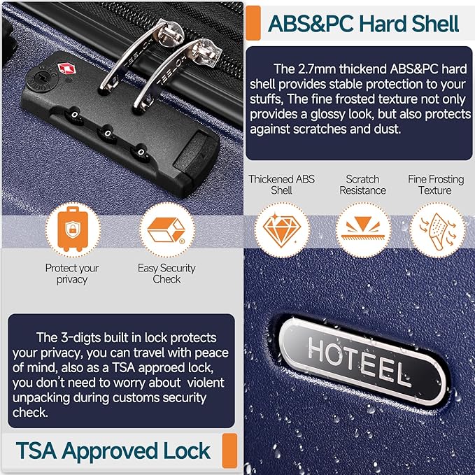 Hoteel Luggage Sets 3 Piece, ABS+PC Hard Shell Expandable Suitcases with Wheels, TSA Aproved Lock and Carry on Bags, Travel Suit Case Set for Men and Women, (3-Piece, Blue)