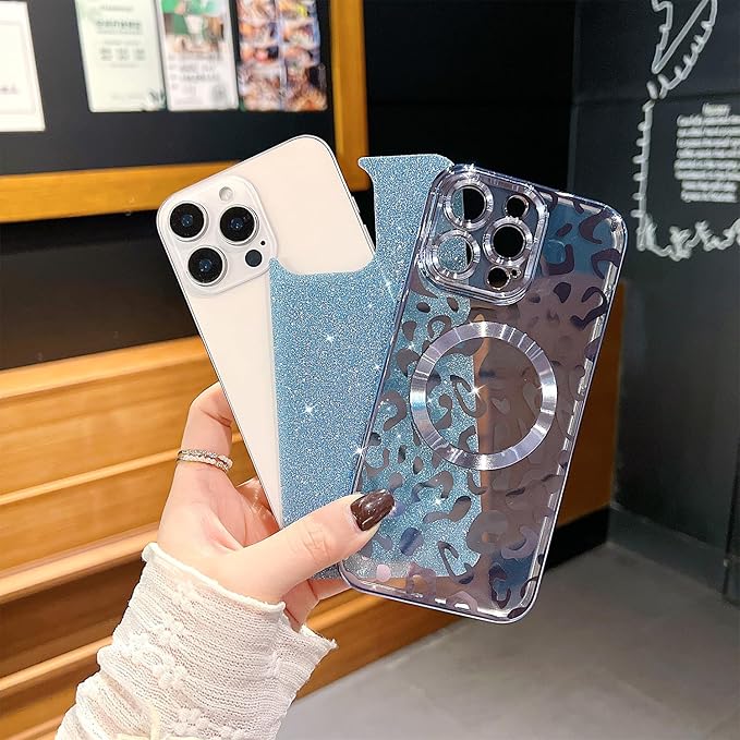 for iPhone 16 Pro Case Magnetic,Soft Cute Luxury Leopard Cheetah Pattern Plating Glitter Bling Phone Case Compatible with MagSafe Clear Shockproof Back Cover for Women Girl 6.3"-Blue