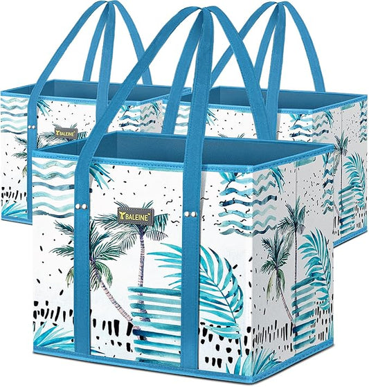 BALEINE 3Pk Reusable Grocery Bags, Foldable Shopping Bags for Groceries with Reinforced Bottom & Handles (Island Breeze)