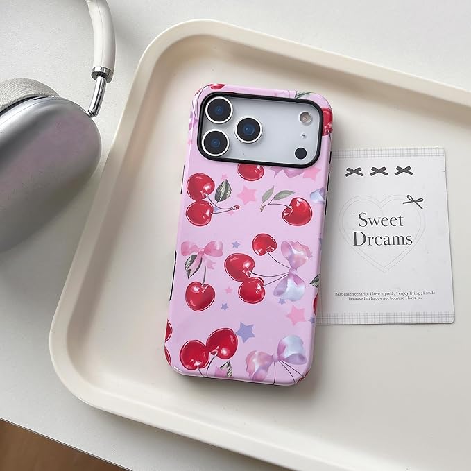 QLTYPRI Case for iPhone 17 Pro, Aesthetic Cute Pink Cherry Bow Phone Case for Girls Women, Protective Hybrid 2-Layer Hard Shell Silicone Cover Durable Shockproof Phone Cover - Pink