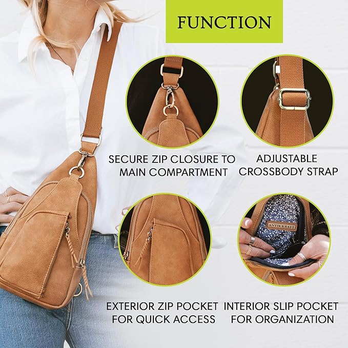 Antik Kraft Tasha Crossbody Sling (Taupe) | Vegan Leather Crossbody Bag for Women with 16-20" Strap | Sling Bags for Women with Durable Antique Brass Hardware | 7in x 2.5in x 12.5in |