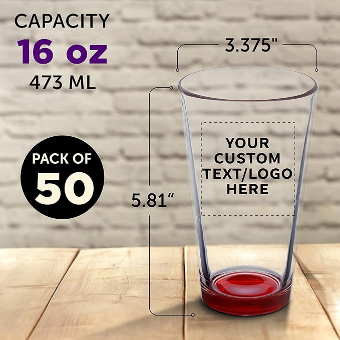 Custom Libbey Pint Glass 16 oz. Set of 50, Personalized Bulk Pack - Beer Glasses, Heavy Duty Drinkware - Red
