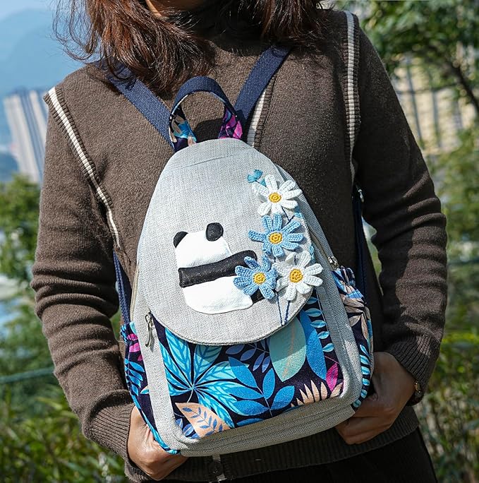 HUANGGUOSHU Women Cotton Woven Bohemian Hemp Boho Canvas Embroidery Multi Pocket Retro Cute Backpack Wallet Backpack Whimsical Cat