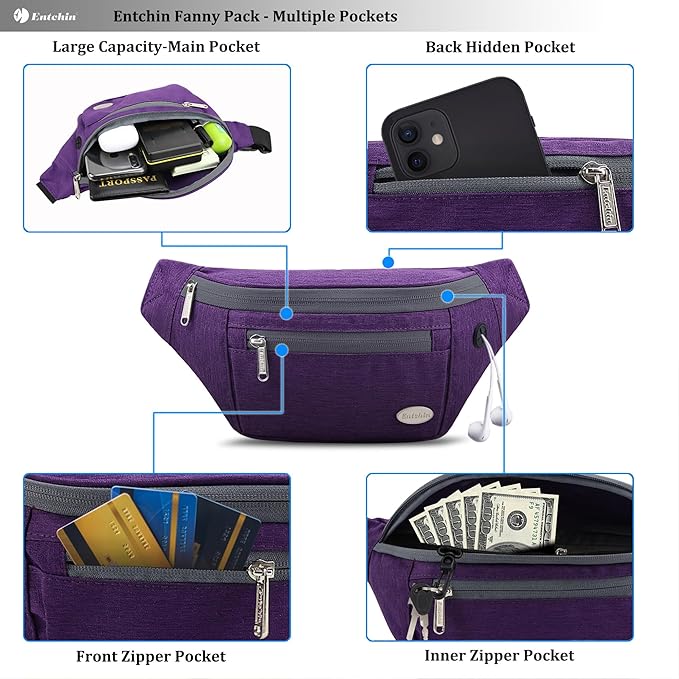 Entchin Fanny Pack for Women Men,Crossbody Belt Bag with 4-Zipper Pockets,Adjustable Waist Bag Pack,One of the Most Popular Travel Essential Gifts for Walking,Traveling,Cycling