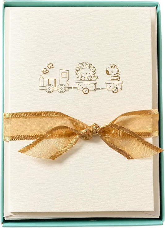 Graphique Baby Train Cards, Pack of 10 Cards with Envelopes, Newborn Greeting, Congratulations to New Parents, Blank Inside, Gold Foil Embossing, La Petite Press Collection Boxed Set, 3.25" x 4.75"