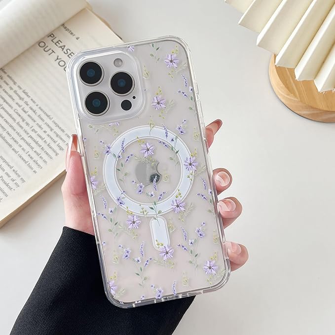 ZTOFERA for iPhone 16 Pro Max Magnetic Case Compatible with Magsafe,Aesthetic Floral Pattern Design Cute for Girl Women,Anti-Drop Protective Hard Phone Cover for iPhone 16 Pro Max-Purple Flower