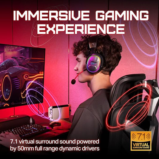 OXS Storm G2 Wireless Gaming Headsets, 7.1 Virtual Surround Sound, 3 EQ Modes, 2.4G Low Latency, 50mm Driver, 40H Playtime, RGB Light, Bluetooth 5.3, Compatible with PC, Console, Mobile, Black