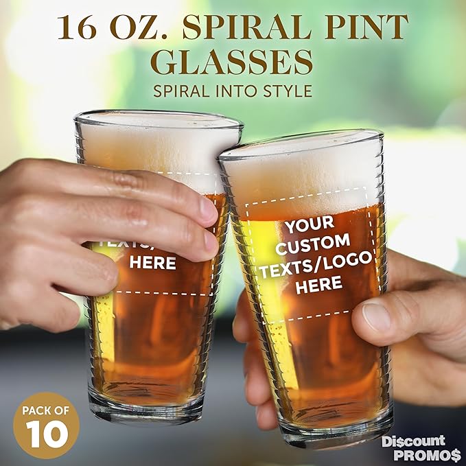 Custom Spiral Pint Glass 16 oz. Set of 10, Personalized Bulk Pack - Beer Glasses, Heavy Duty Drinkware - Clear