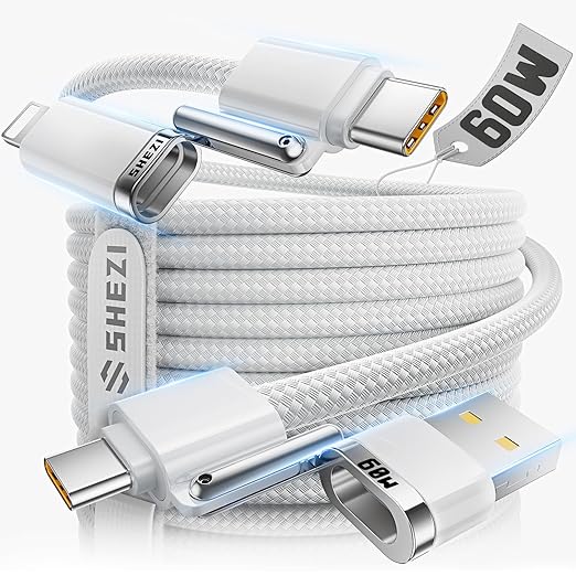 SHEZI 4-in-1 USB C Cable Compatible With Lightning Cable 60W Fast Charging & Data Transfer, Support to CarPlay & Android Auto, 5FT Travel Multi Cord Charger Combo for iPhone/iPad/Samsung/MacBook Cable