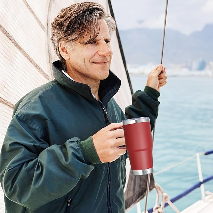 20 oz Stainless Steel Tumbler with Handle Bulk Metal Insulated Tumblers Travel Coffee Mug with Handle Double Wall Tumbler Cup with Lid and Straw, Wine Red 12 Pack