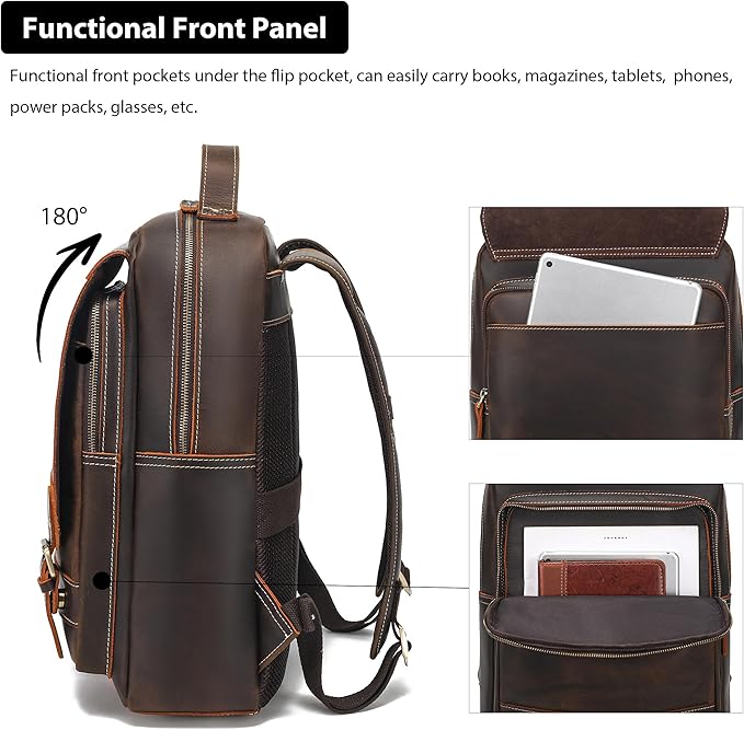LANNSYNE Vintage Genuine Leather Backpack For Men Fits up to 16" Laptop Travel Hiking Rucksack