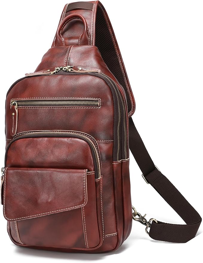 LANNSYNE Full Grain Leather Casual Sling Bag For Men Hiking/Travel/Business Crossbody Chest Bag Fits 12.9" iPad