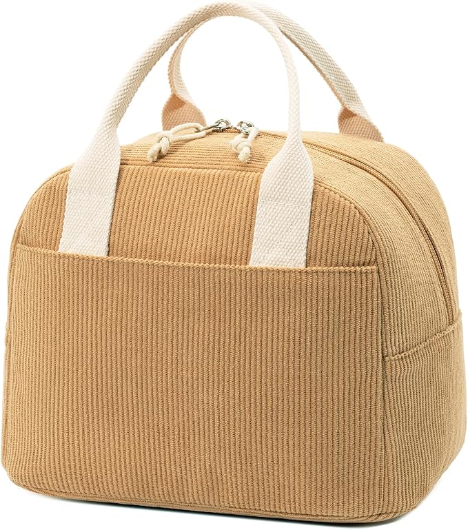 Insulated Lunch Bag for Women Men, Stylish Corduroy Tote Bag with Aluminum Lining, Large Capacity Reusable Cooler for Work, Travel, or Beach, Camel Brown Lunch Box