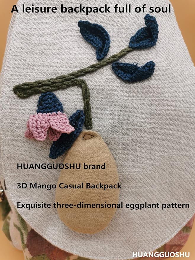 HUANGGUOSHU Women Cotton Woven Bohemian Hemp Boho Canvas Embroidery Multi Pocket Retro Cute Backpack Wallet Backpack Mango