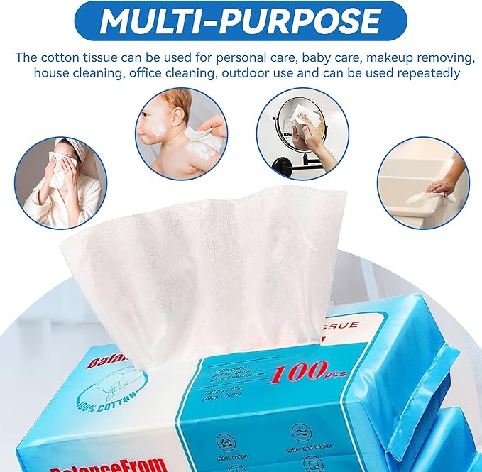 Ultra-Gentle 100% Natural Cotton Facial Tissue - Unscented Multi-Purpose Dry Cotton Tissue for Sensitive Skin, Makeup Removal & Baby Care, (Pack of 18)