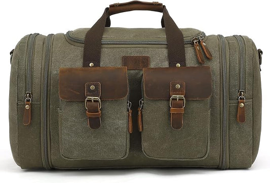 Imyth Retro Crazy Horse Leather Canvas Duffle Bag 60L Expandable Travel Bag for Airplanes (Army Green)
